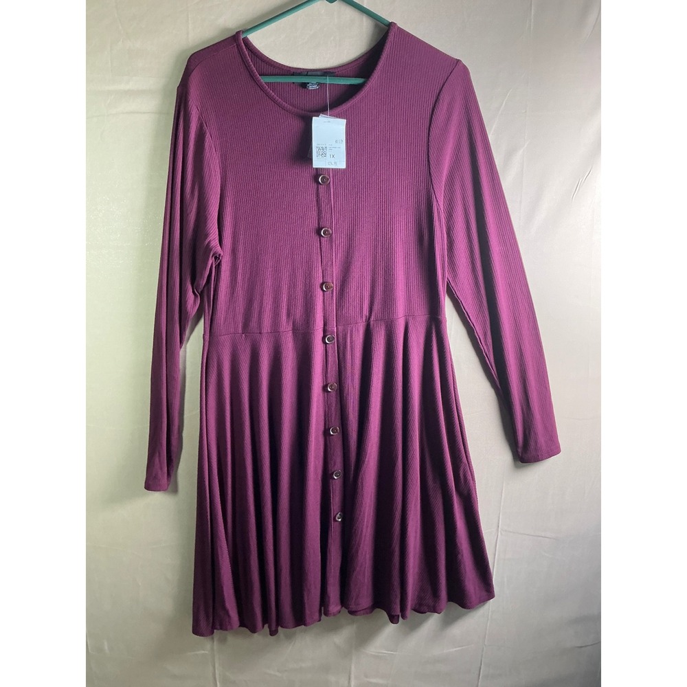 Forever21 Knit Dress‎ 1X Wine Purple Ribbed Long Sleeve Button Down Fit Flare